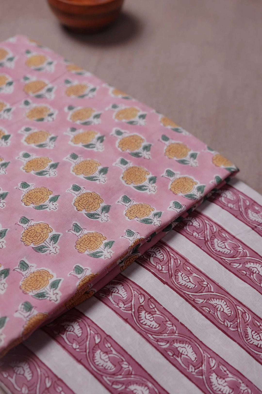 Yellow Buttas on Pink Sanganeri Cotton Top with Bottom
