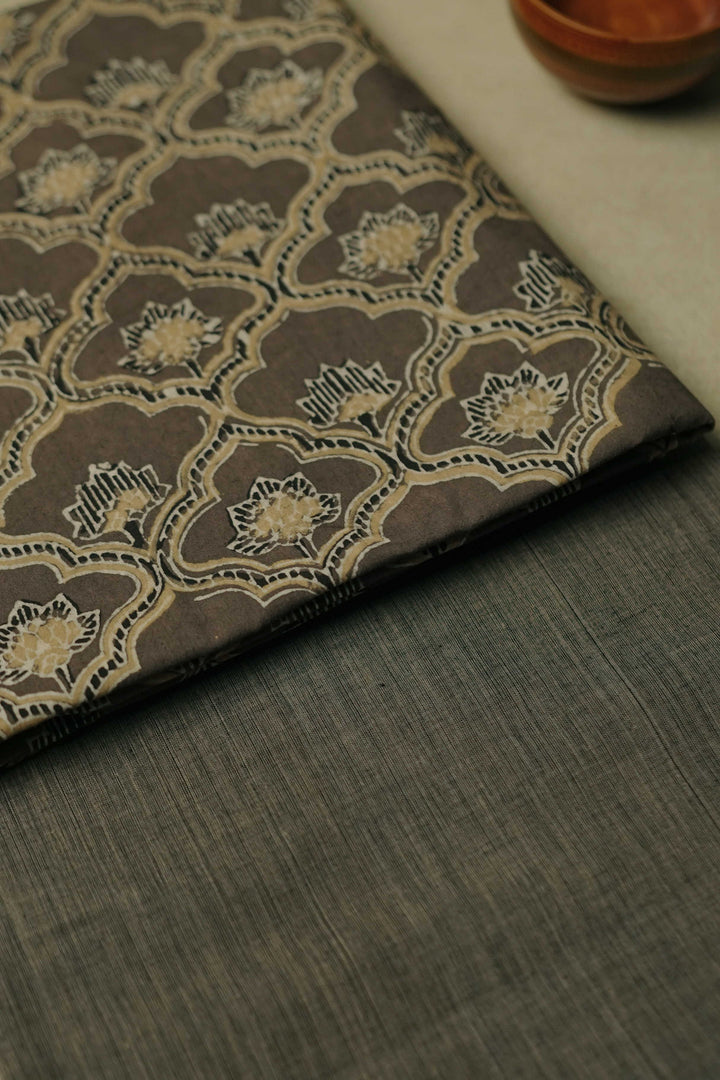 Grey with Floral Pattern Ajrak Top with Mangalagiri Bottom