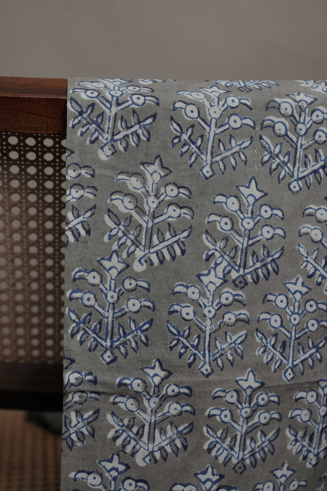 Grey with Floral Motifs Dabu Cotton Fabric - 1m