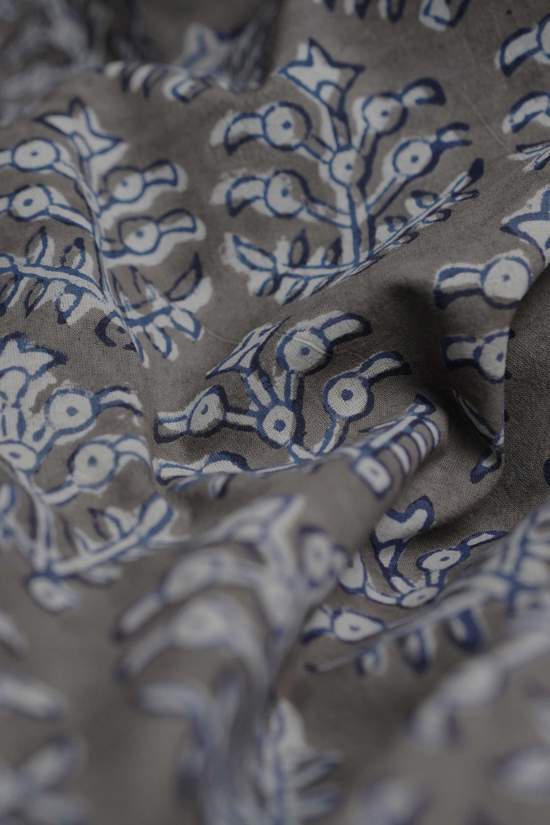 Grey with Floral Motifs Dabu Cotton Fabric - 1m