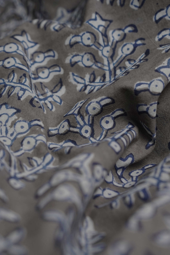 Grey with Floral Motifs Dabu Cotton Fabric - 1m
