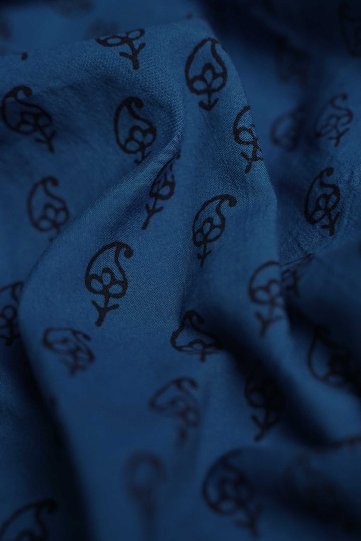 Black Florets - Blue Bagh Cotton Fabric - 2.2m