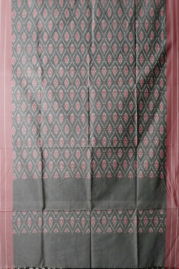 Grey with Pink Border Ikat Cotton Dupatta