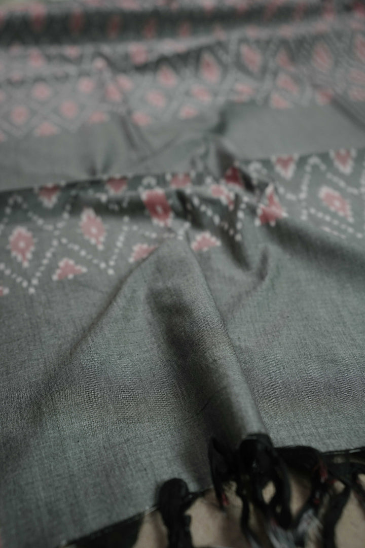 Grey with Pink Border Ikat Cotton Dupatta