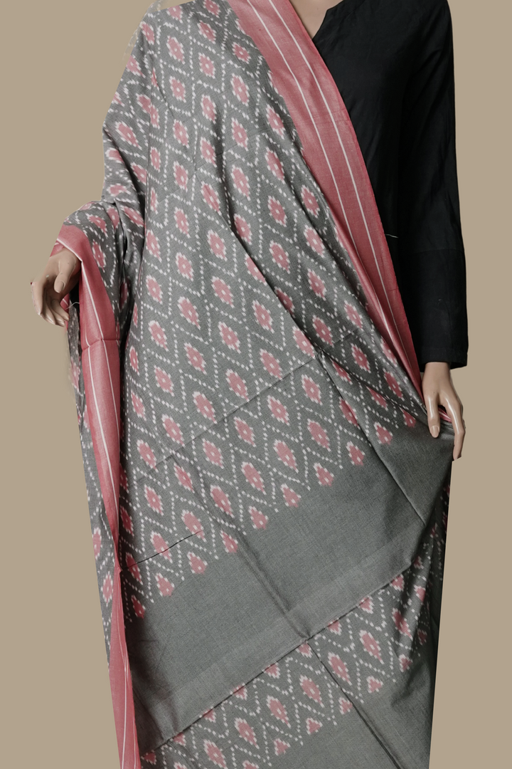 Grey with Pink Border Ikat Cotton Dupatta