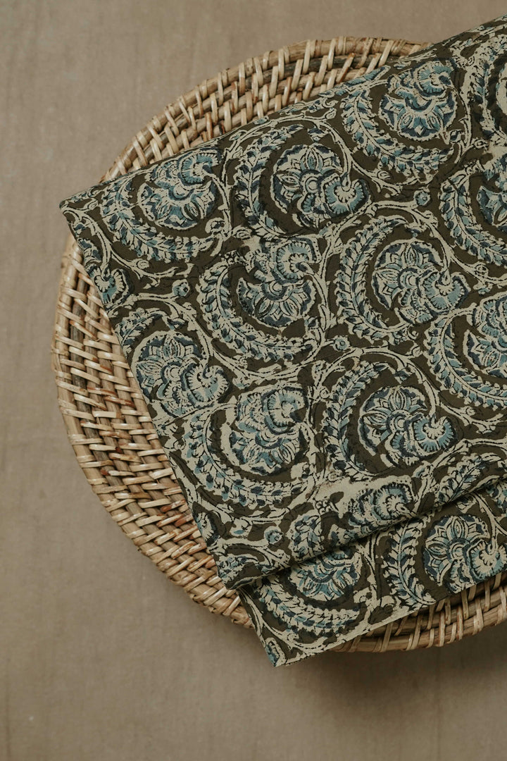 Olive Green Printed kalamkari Cotton Fabric-0.7 m