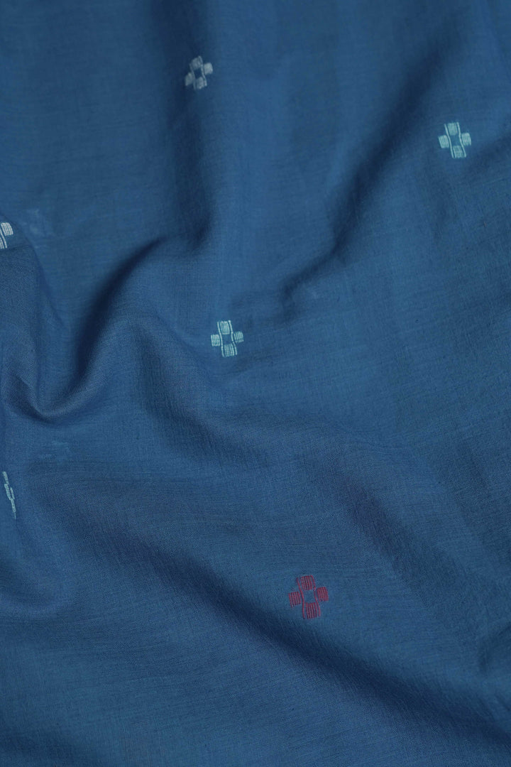Blue with Cream Butta Jamdani Cotton Fabric - 0.75m