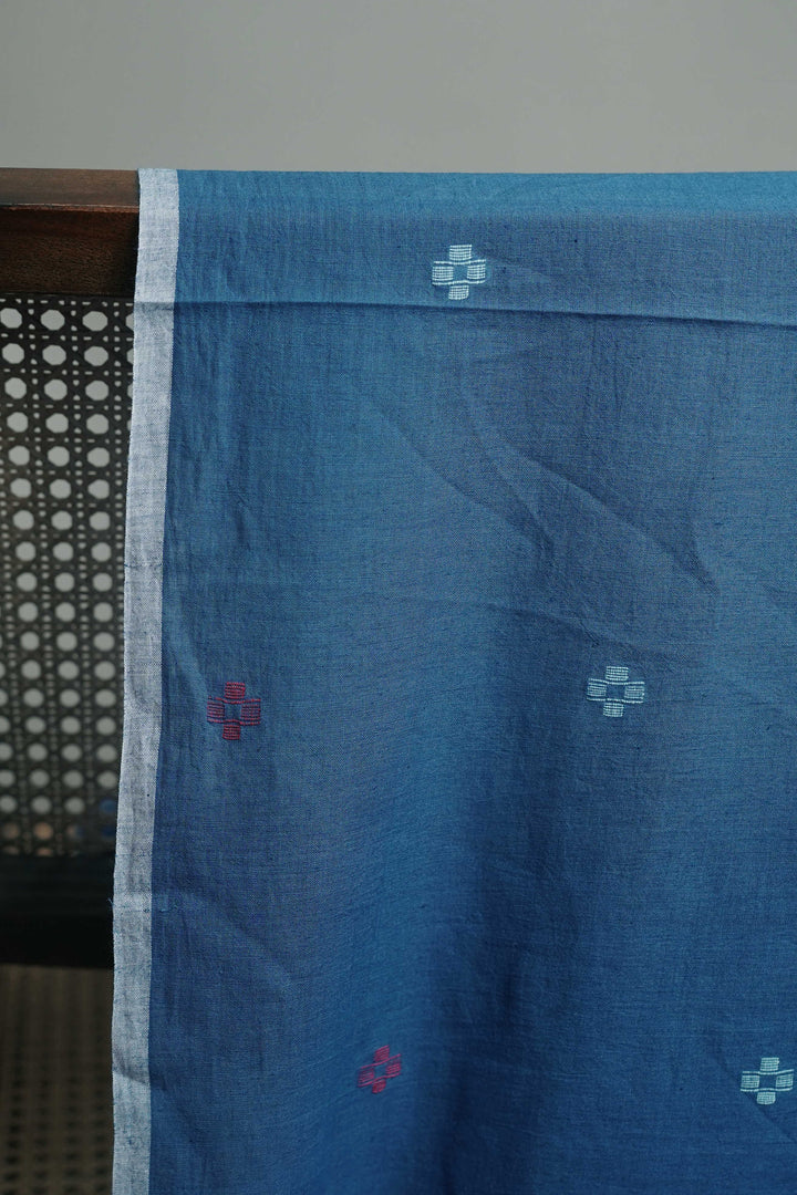 Blue with Cream Butta Jamdani Cotton Fabric - 0.75m