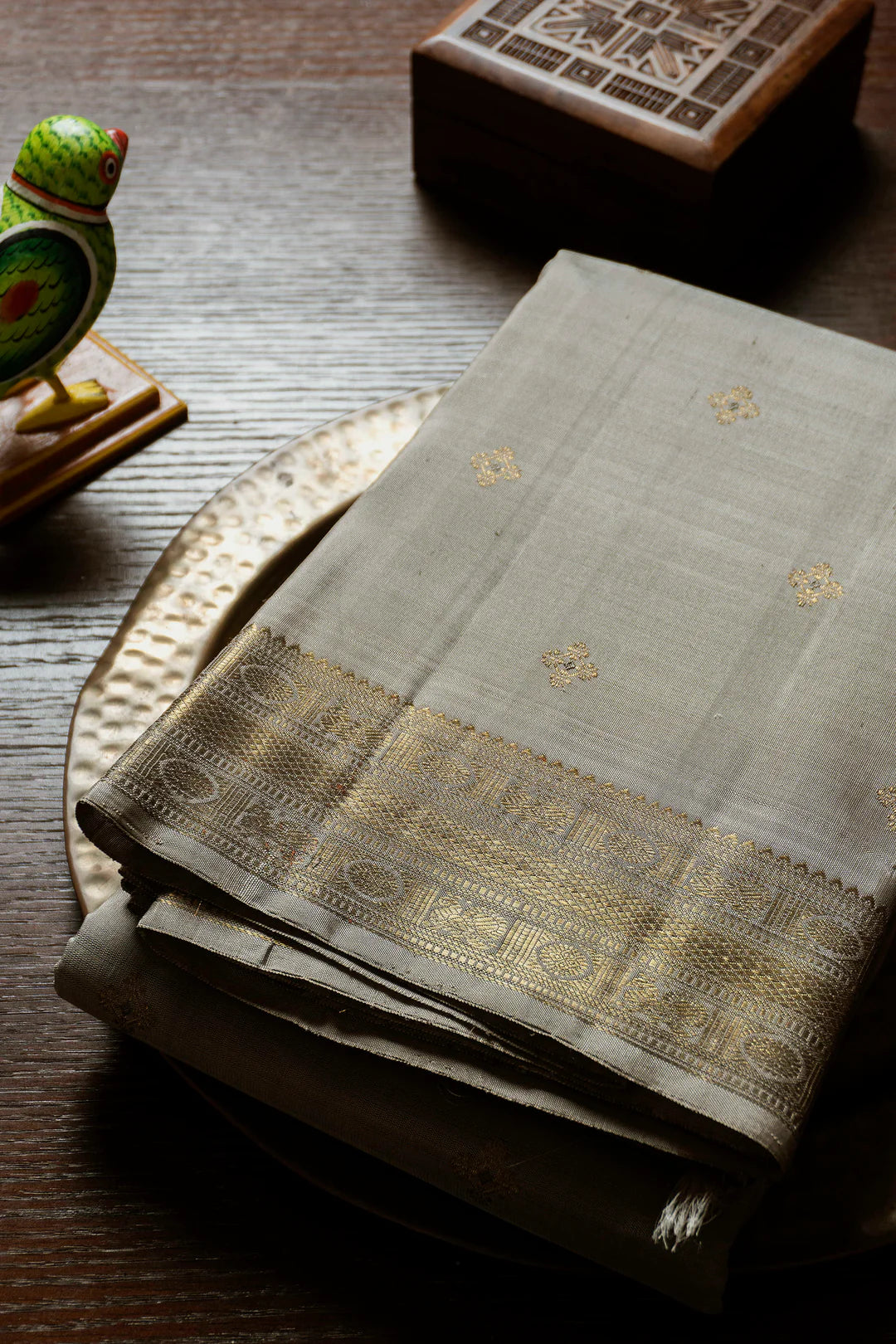 Zari Meena Butta on Grey Kanchipuram Silk saree