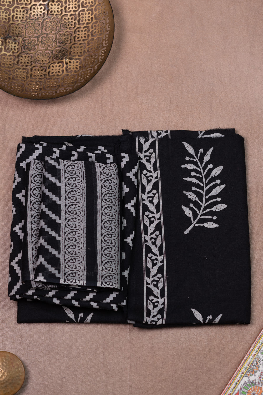 Florals on Black Block Printed Cotton Suit