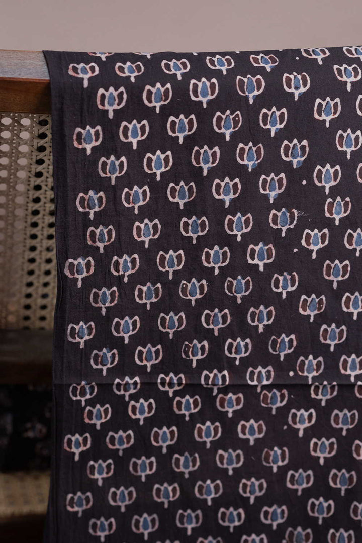 Lotus Bloom on Black Ajrak Cotton Fabric - 1.3m