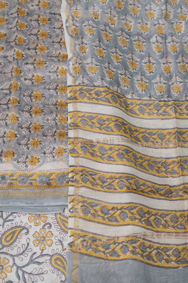 Yellow Florets - Grey Chanderi Silk Cotton Suit