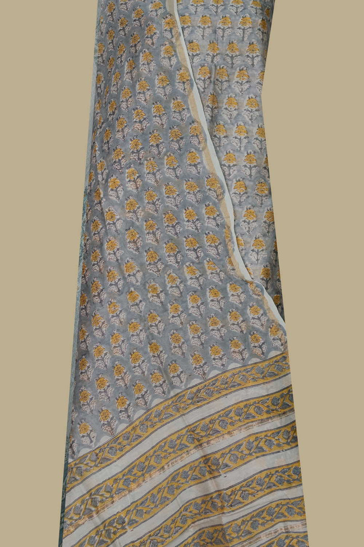 Yellow Florets - Grey Chanderi Silk Cotton Suit