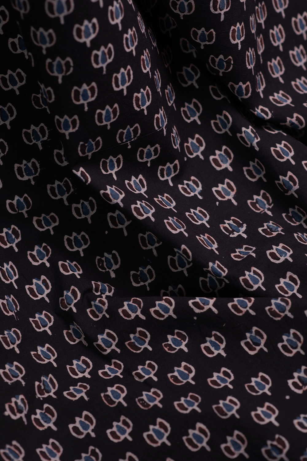 Lotus Bloom on Black Ajrak Cotton Fabric - 1.75m