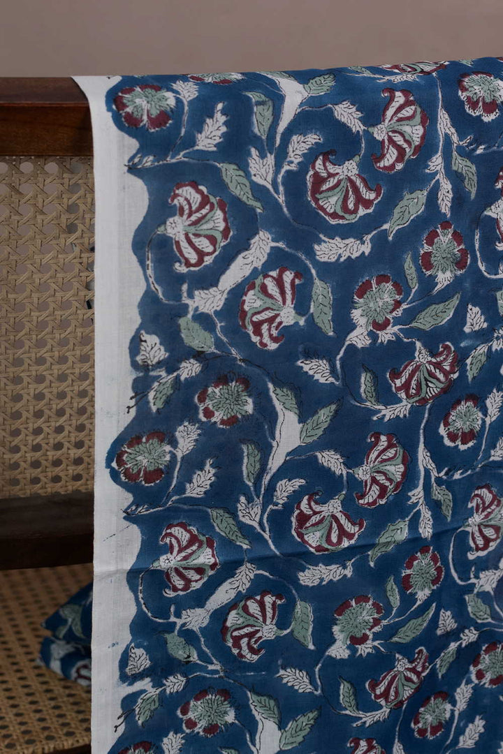 Blue Floral Garden Sanganeri Mul Cotton Fabric - 0.65m