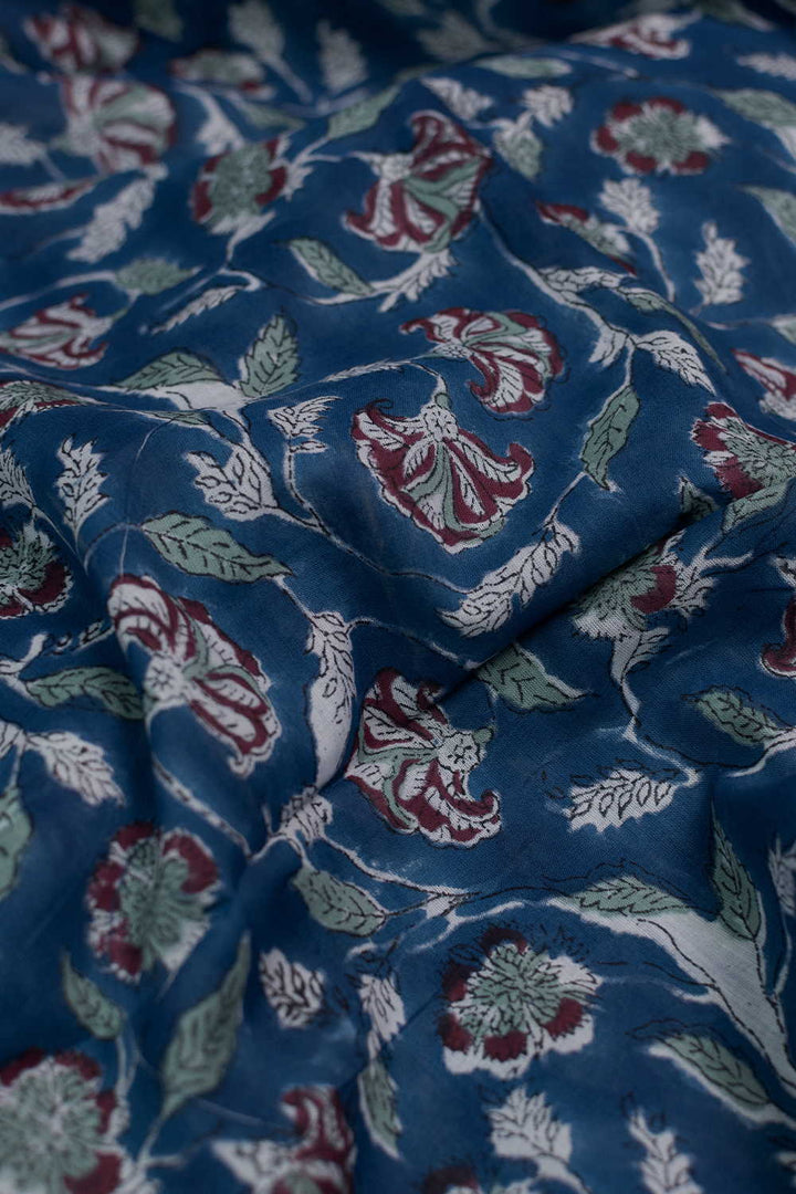 Blue Floral Garden Sanganeri Mul Cotton Fabric - 0.65m