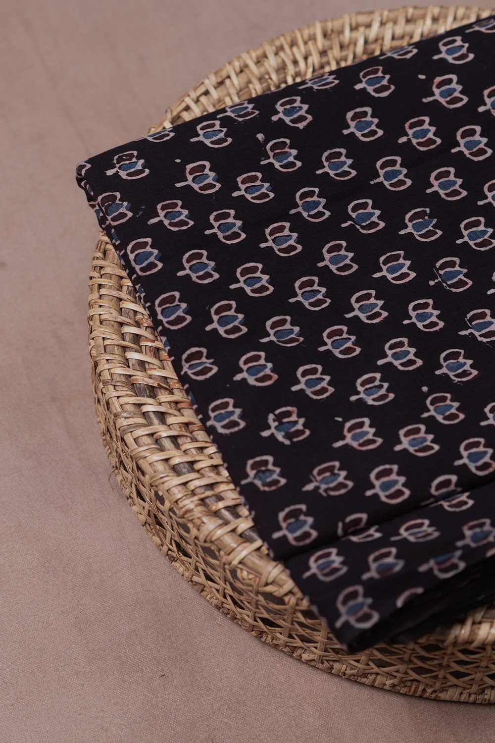 Lotus Bloom on Black Ajrak Cotton Fabric - 1.3m