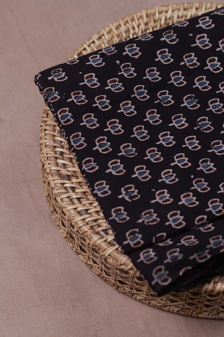 Lotus Bloom on Black Ajrak Cotton Fabric - 1.3m