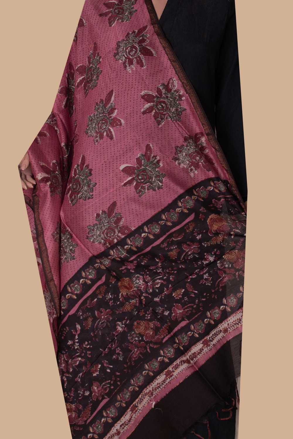 Pink with Flora Design Block Printed Chanderi Dupatta