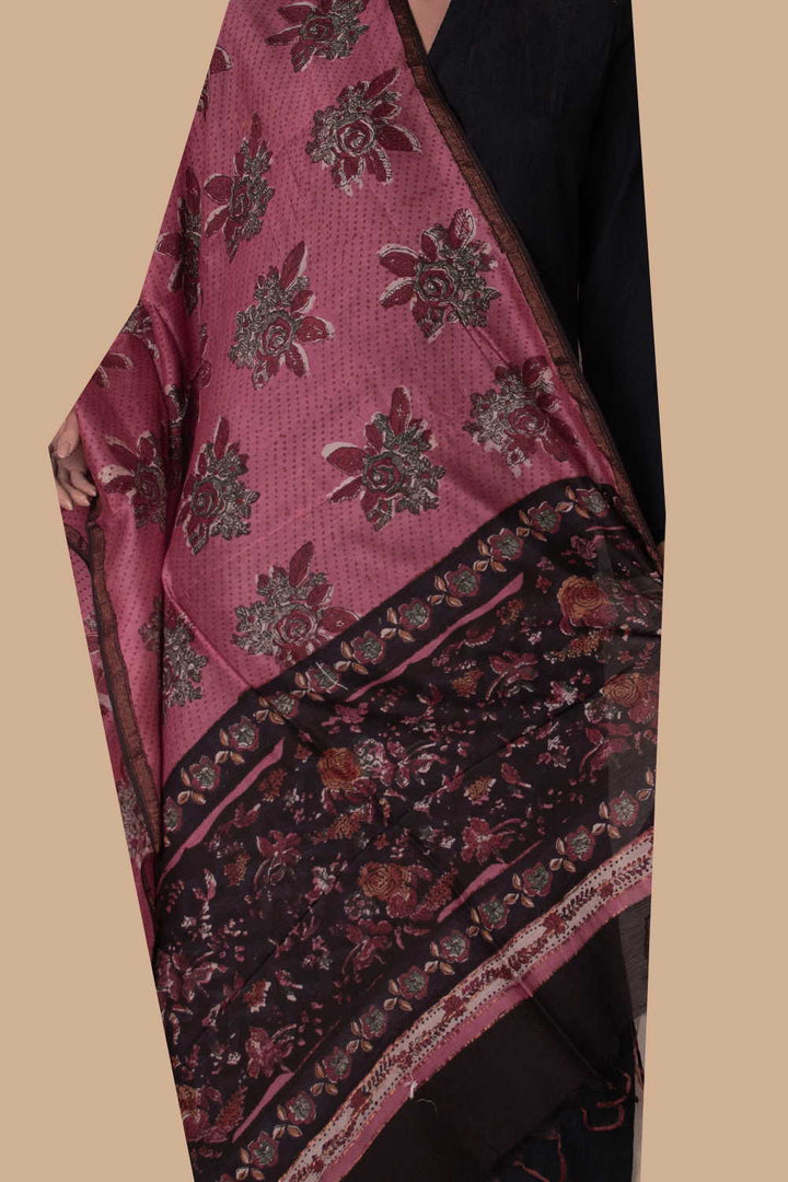 Pink with Flora Design Block Printed Chanderi Dupatta