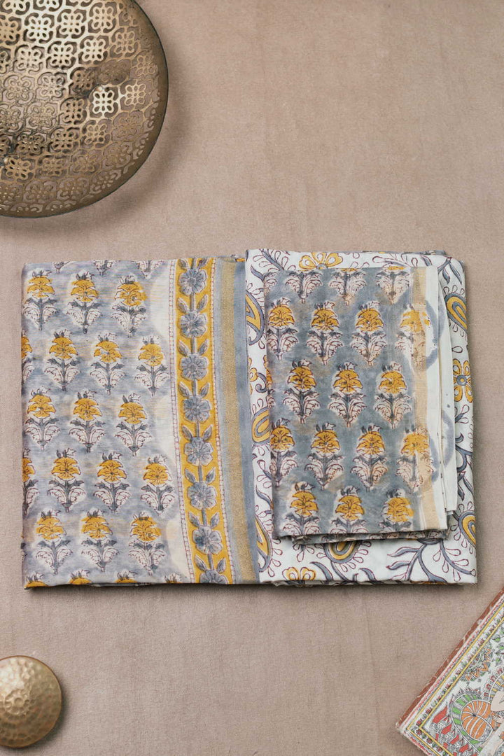 Yellow Florets - Grey Chanderi Silk Cotton Suit