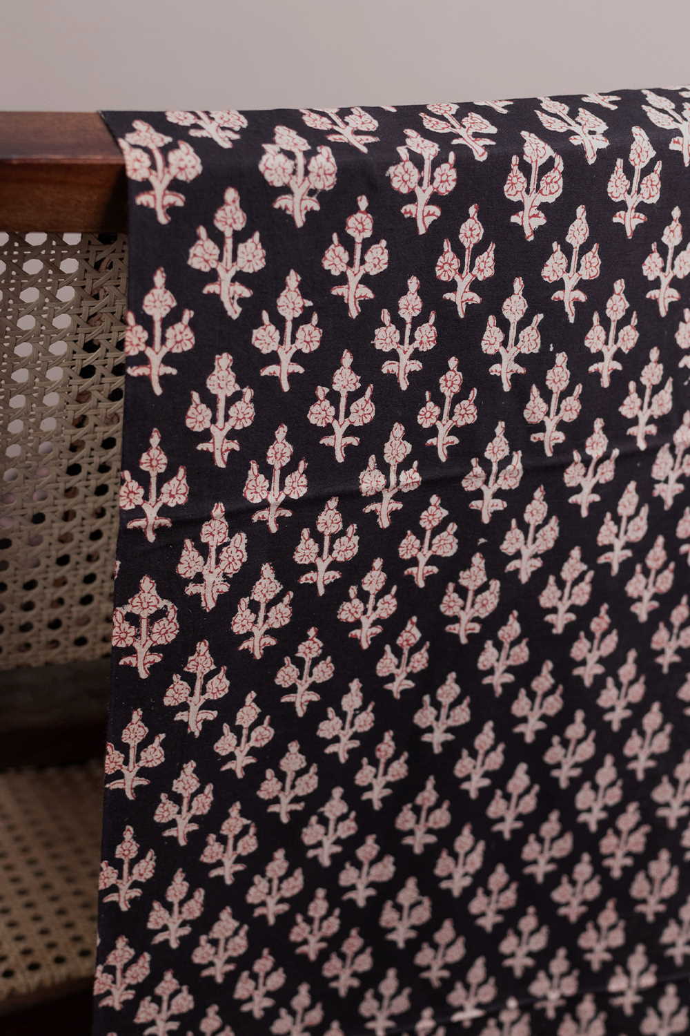 Florals on Black Bagru Cotton Fabric