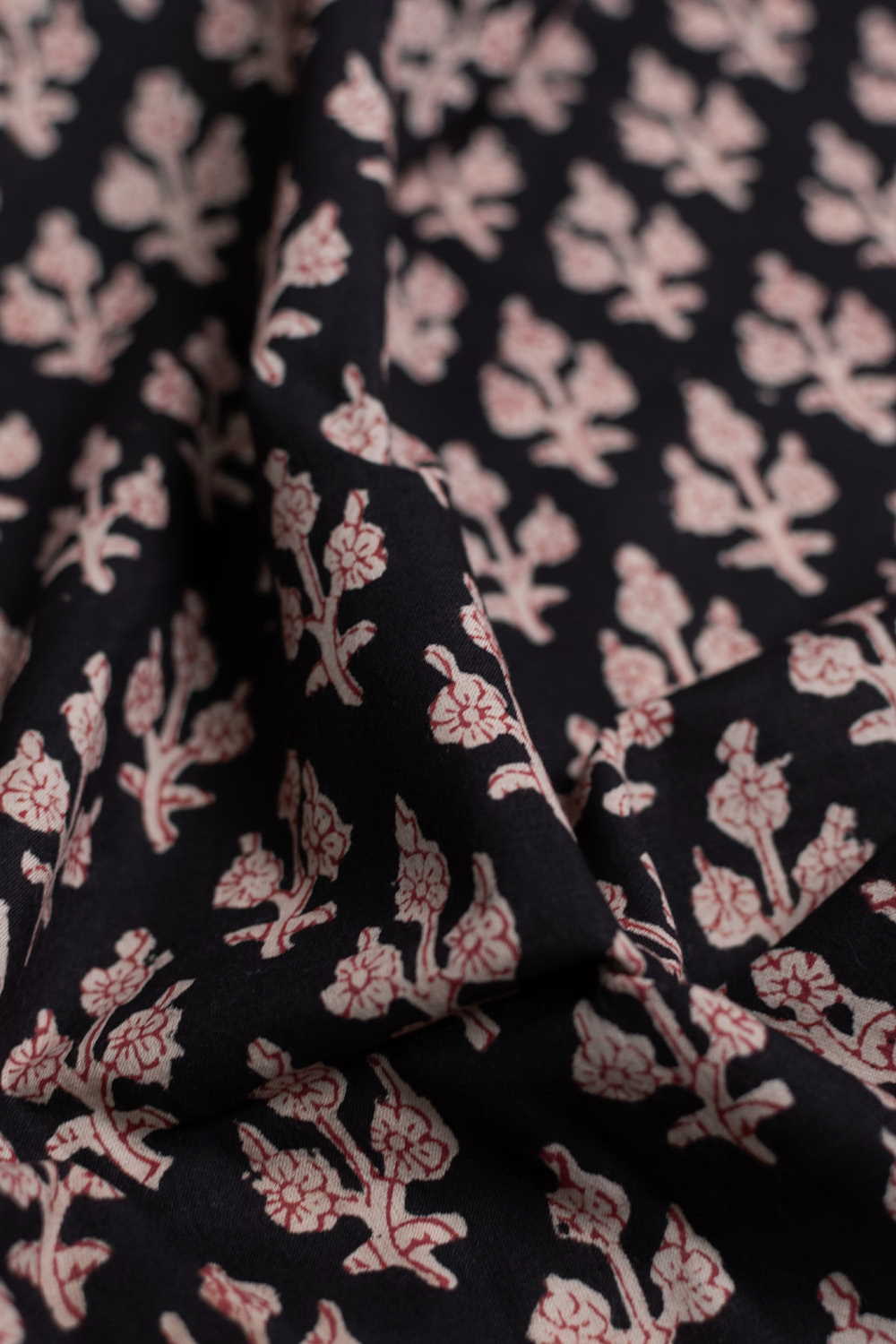 Florals on Black Bagru Cotton Fabric