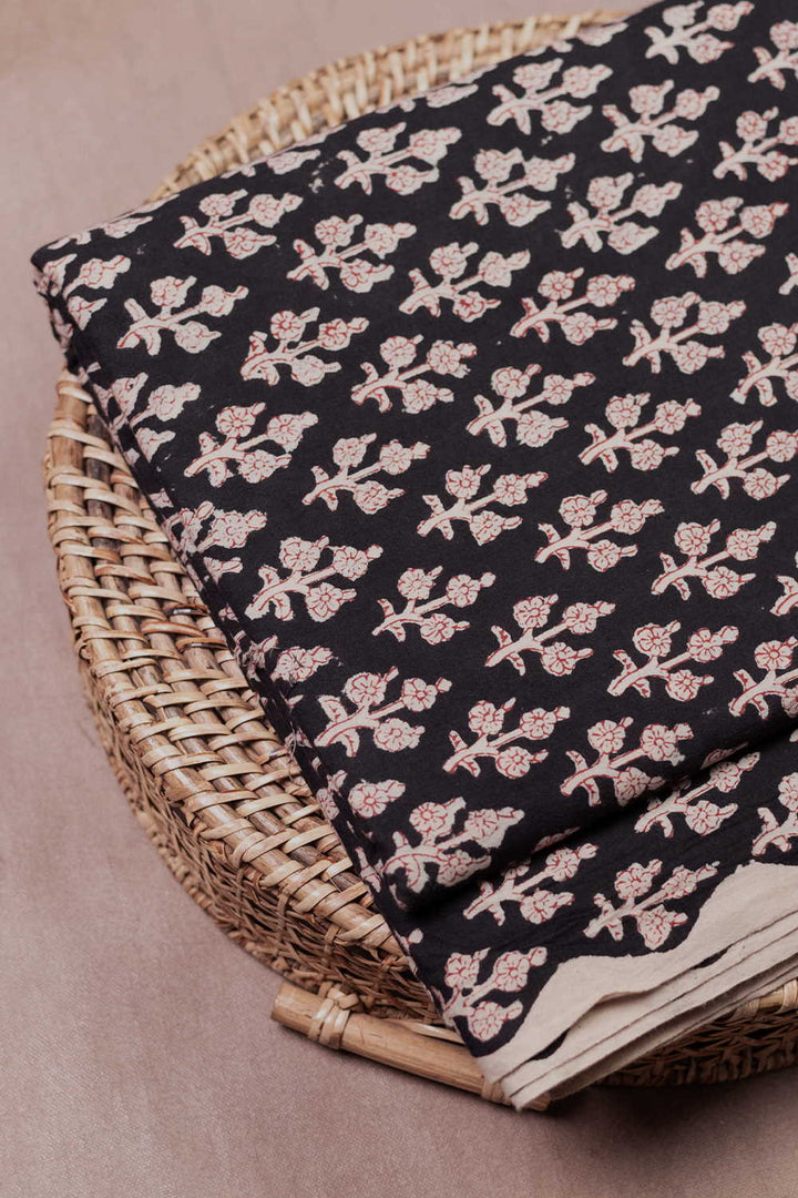 Florals on Black Bagru Cotton Fabric