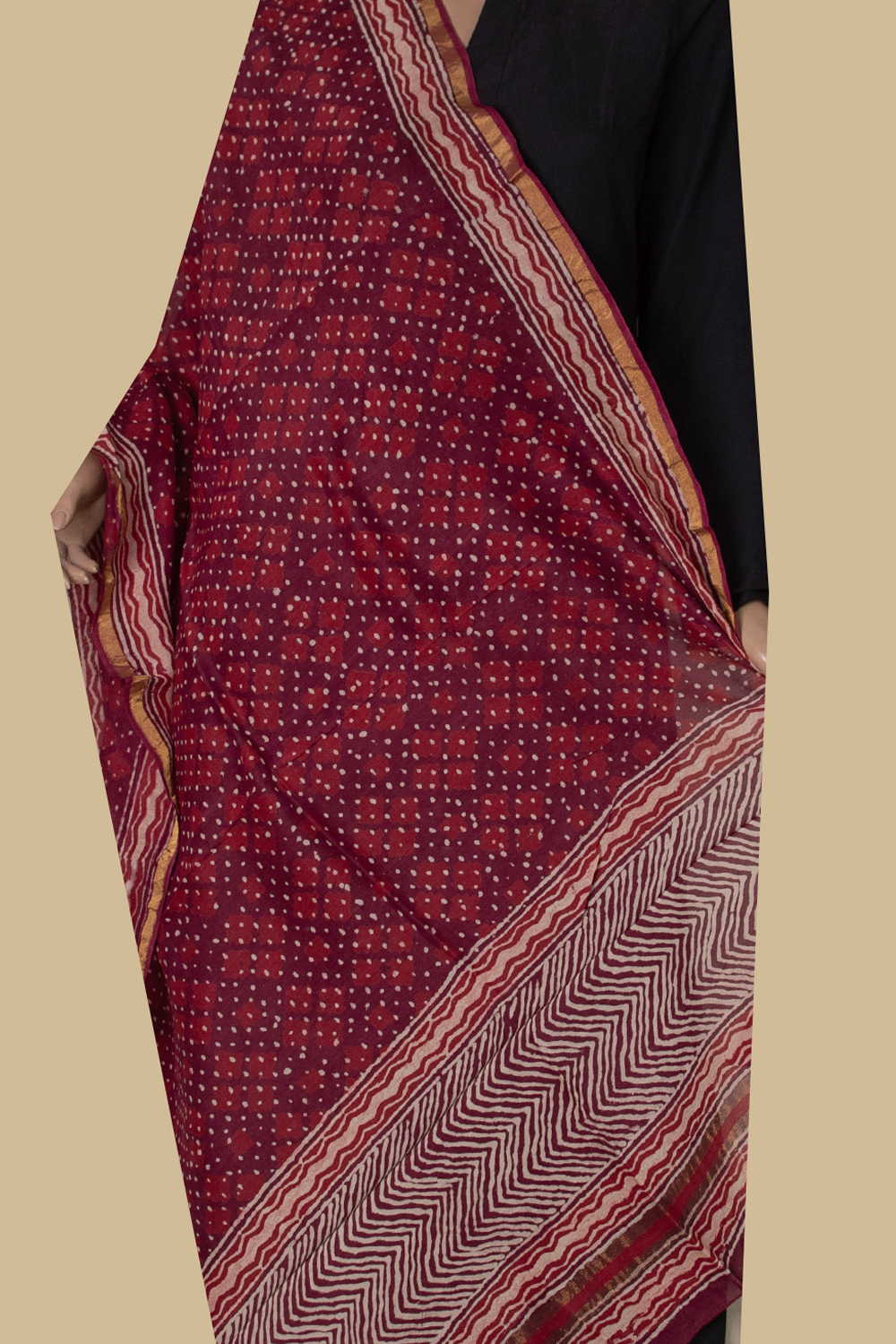 Shades of Maroon Block Printed Chanderi Dupatta