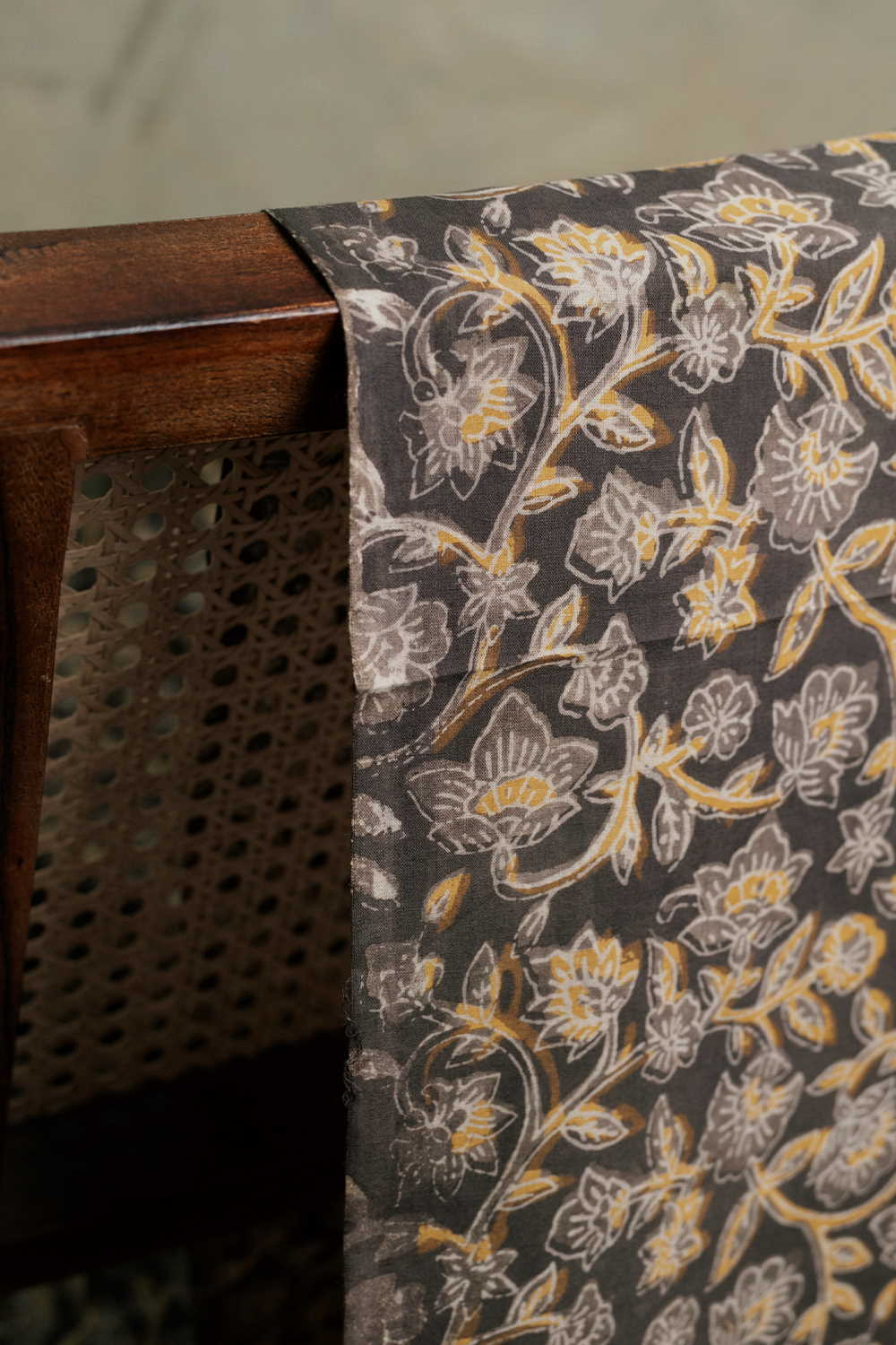Yellow & Grey Floral Bagru Cotton Fabric-1.3m
