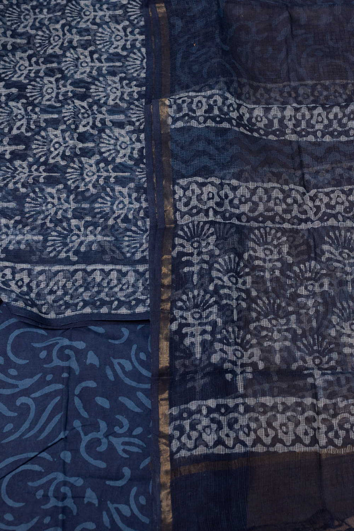 Indigo with Floral Block Printed Kota Cotton Suit