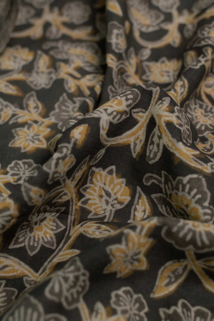 Yellow & Grey Floral Bagru Cotton Fabric-1.3m