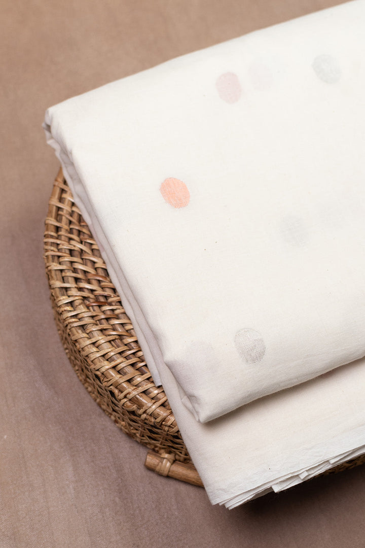 Gold Zari Butta on Cream Jamdani Cotton Fabric - 1.95m