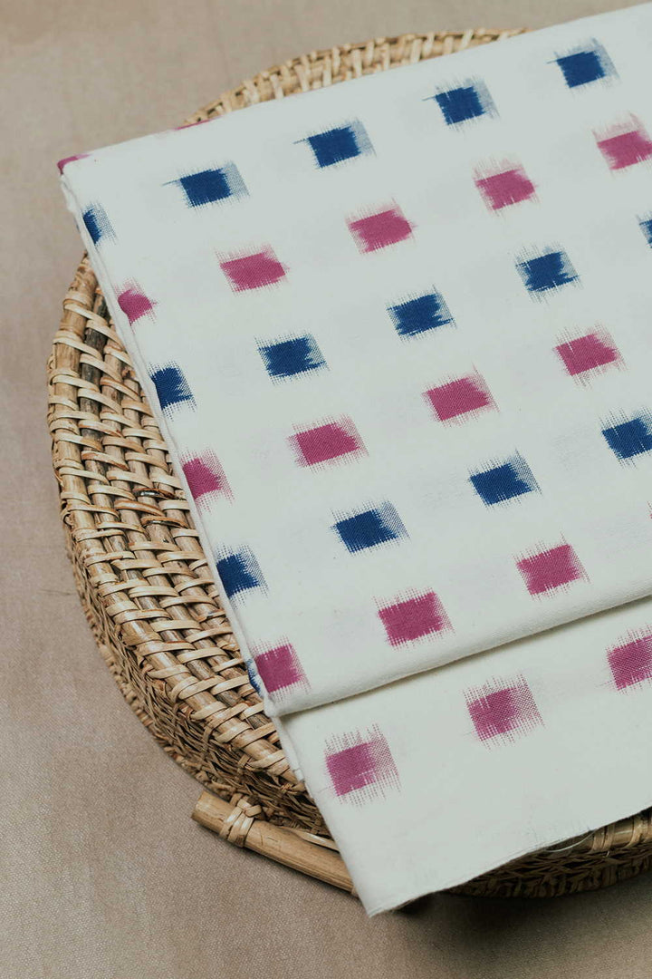 Pink & Blue Butta on Cream Ikat Cotton Fabric - 0.5m