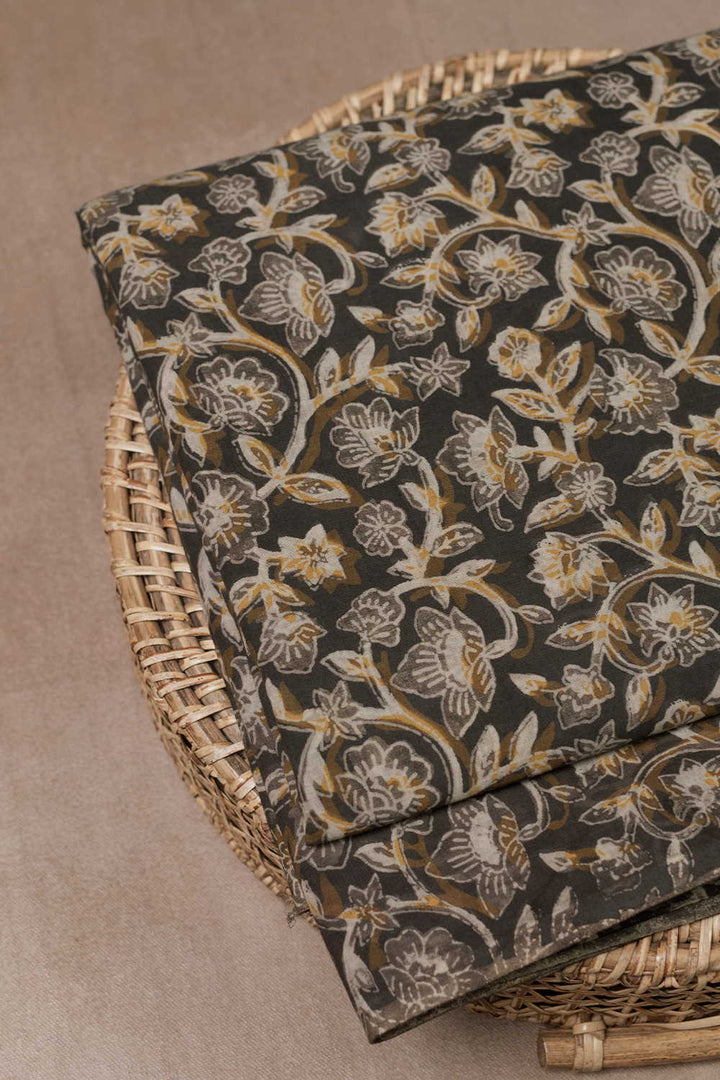 Yellow & Grey Floral Bagru Cotton Fabric