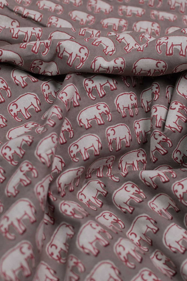 Grey with Elephant Dabu Cotton Fabric