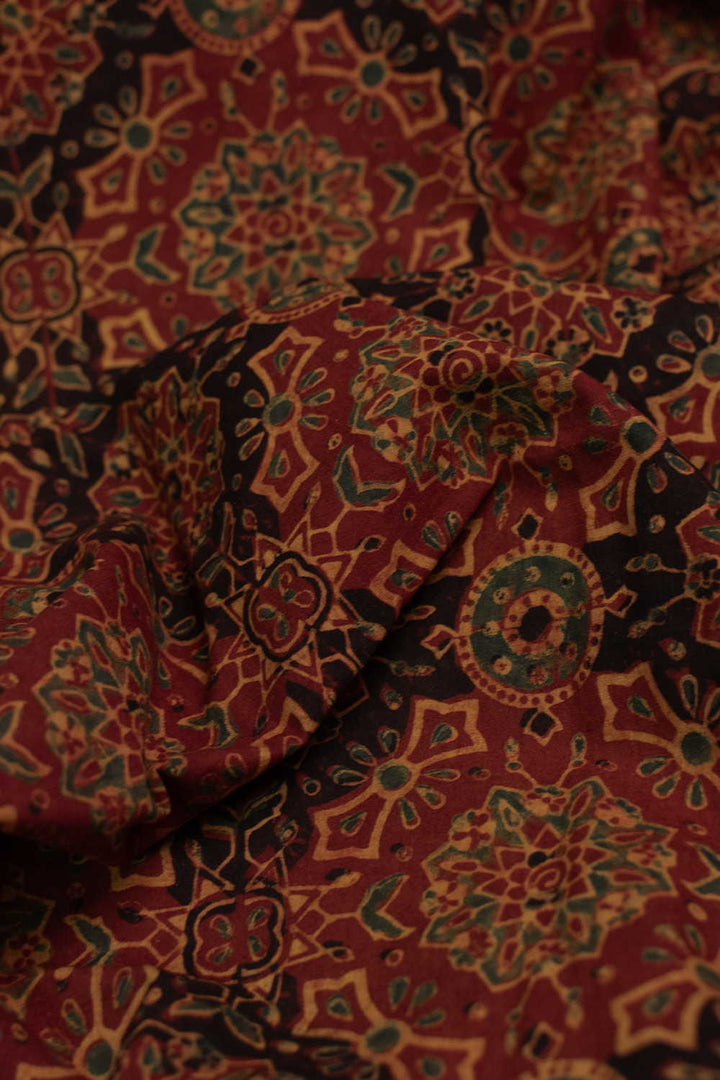 Patterned on Maroon Ajrak Cotton Fabric-0.5 m