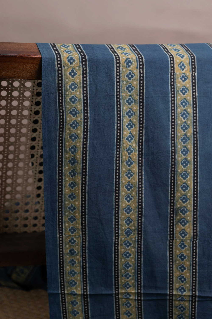 Faded Green Stripe Pattern on Indigo Ajrak Fabric
