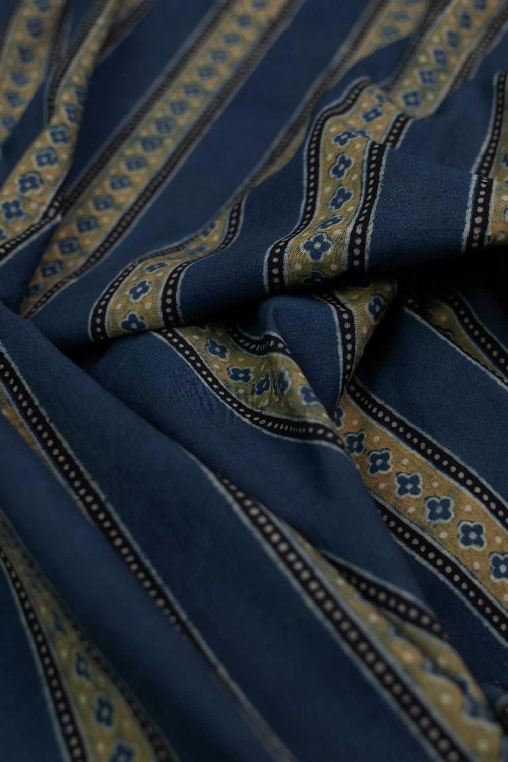 Faded Green Stripe Pattern on Indigo Ajrak Fabric