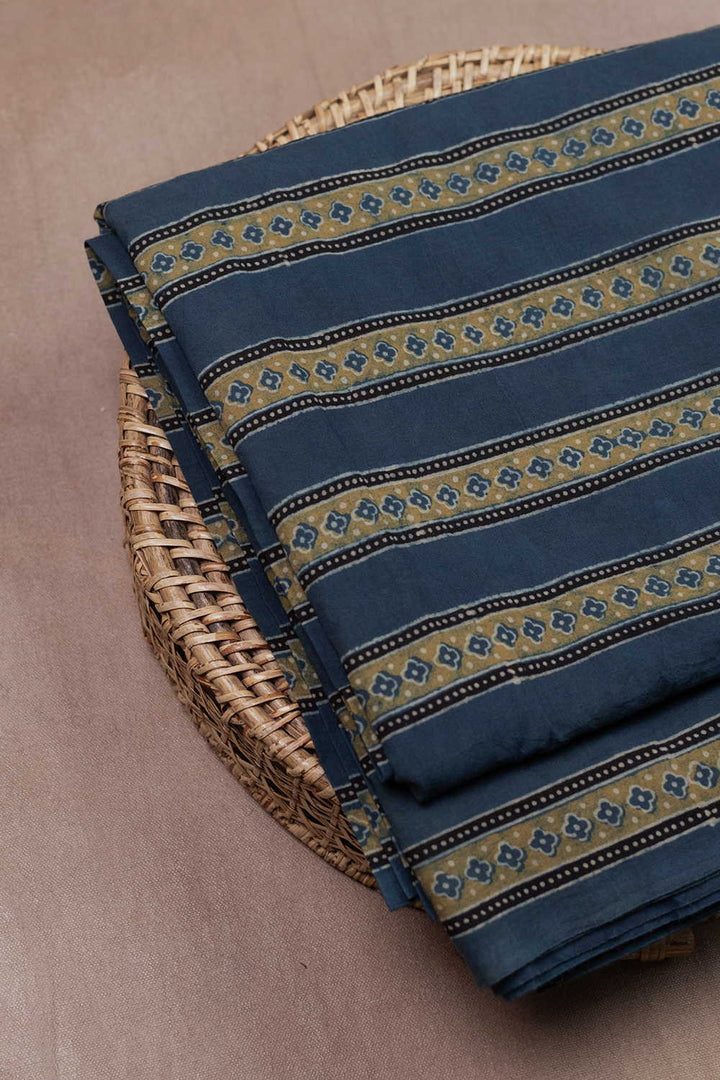 Faded Green Stripe Pattern on Indigo Ajrak Fabric