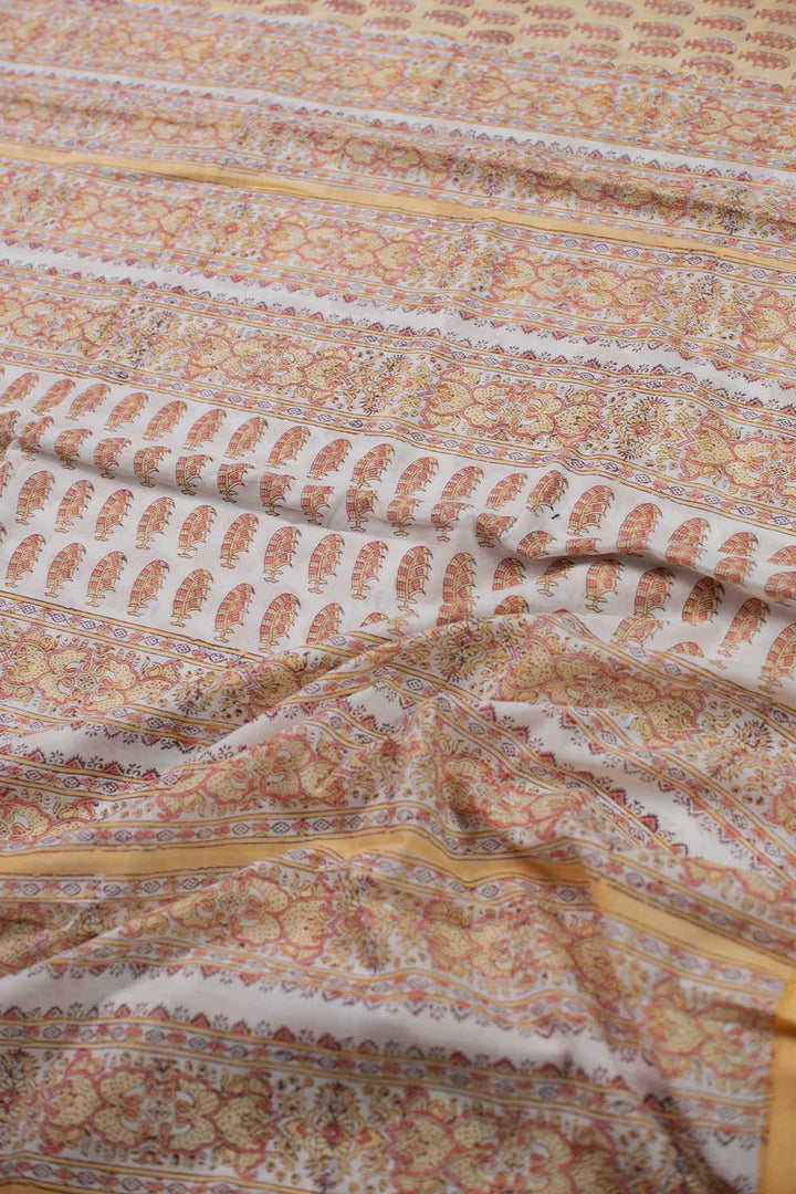 Motifs on Yellow Block Printed Mul Cotton saree