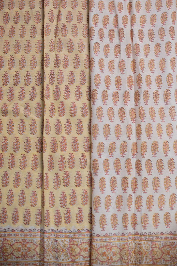 Motifs on Yellow Block Printed Mul Cotton saree
