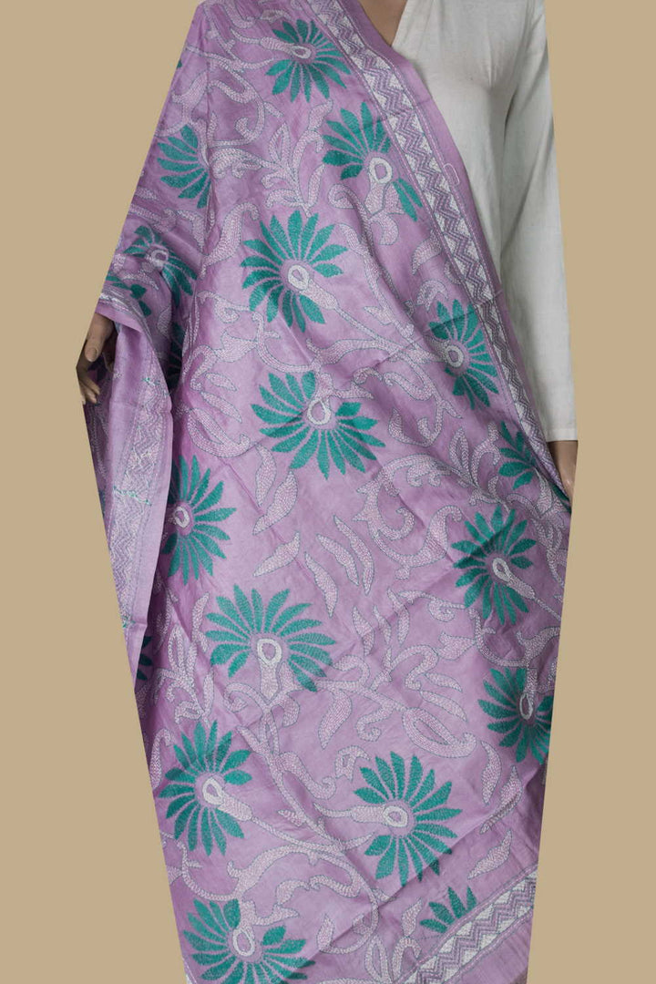 Lavender Purple with Floral Kantha Silk Dupatta