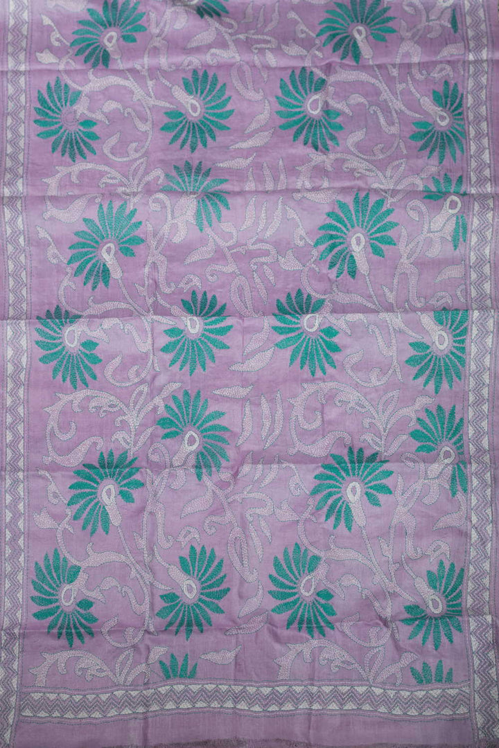 Lavender Purple with Floral Kantha Silk Dupatta