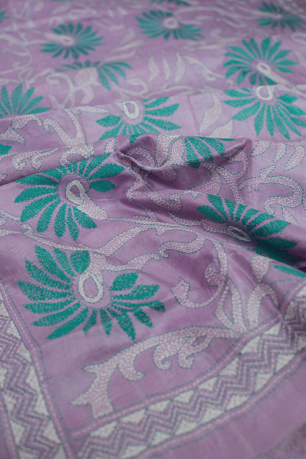 Lavender Purple with Floral Kantha Silk Dupatta