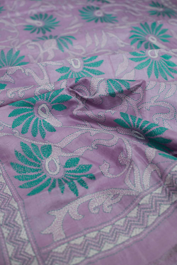 Lavender Purple with Floral Kantha Silk Dupatta