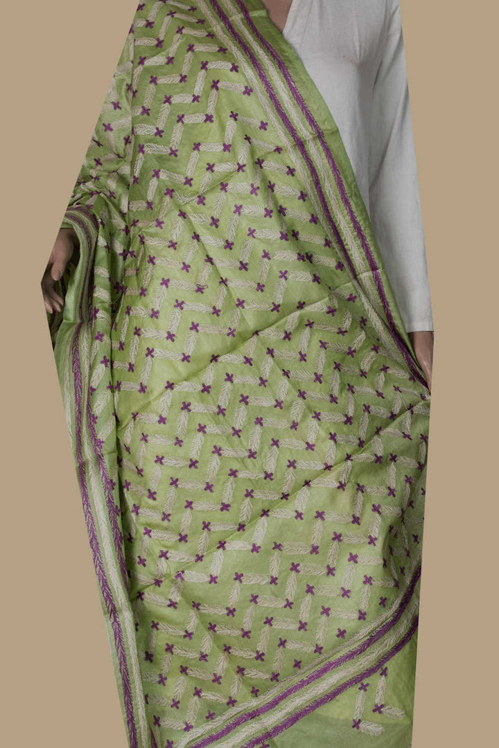 Pear Green Kantha Silk Dupatta