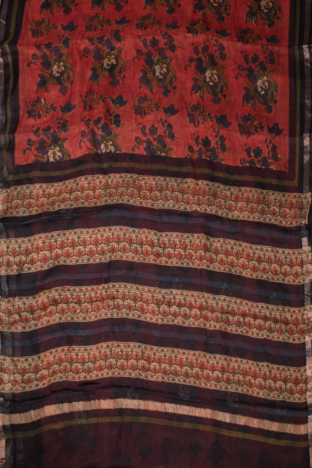Maroon Block Printed Kota Silk saree