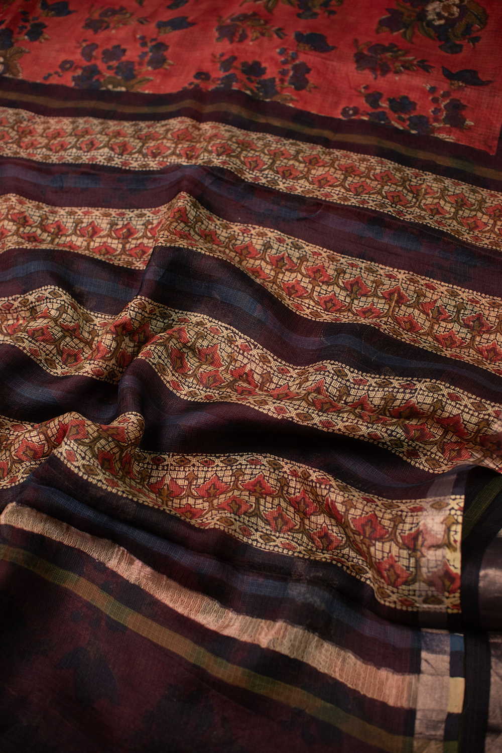 Maroon Block Printed Kota Silk saree