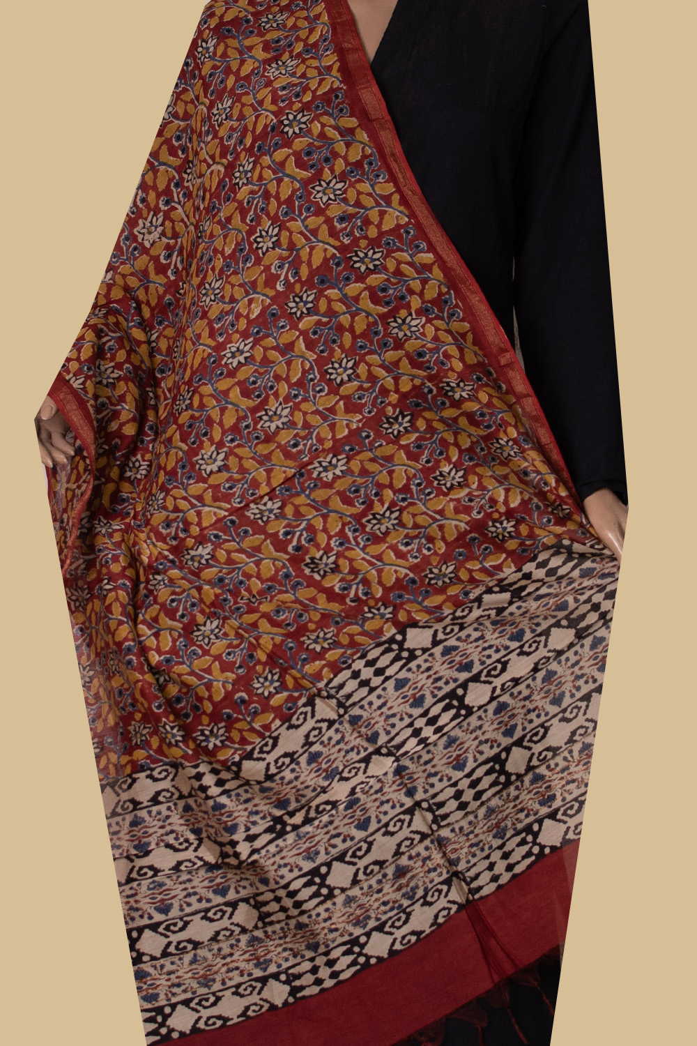 Maroon Garden Block Printed Chanderi Dupatta